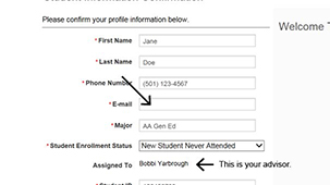 Screenshot showing text fields with student information entered all but the 'E-mail' text field. Arrow points to student's advisor's name in the 'Assigned To' section.