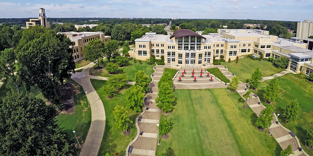 Aerial shot of Jonesboro campus Student Union building.