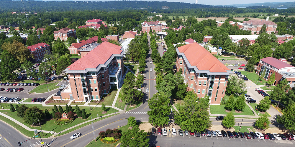 Overhead shot of campus centered on West O Street looking west.