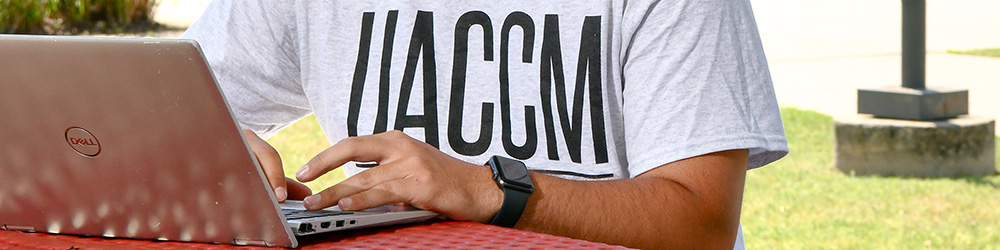 Student wearing a UACCM shirt working on their laptop at a picnic table outside.