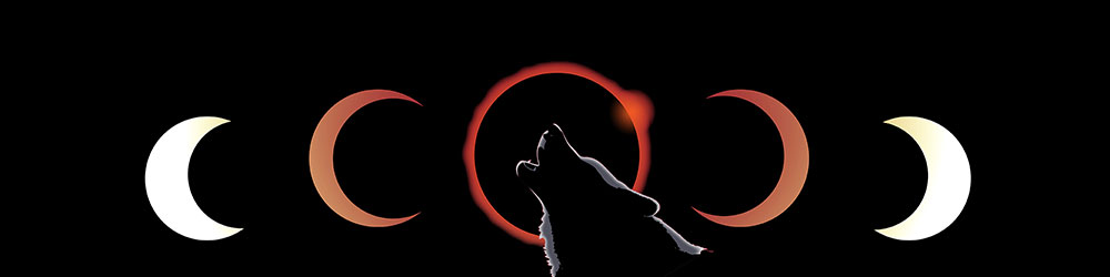 Eclipsed sun design with howling wolf overlayed.