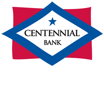 Centennial Bank logo with name written inside a white four-sided diamond shape with a thick blue outline placed over a red curved rectangle.