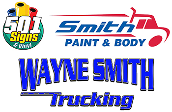501 Signs & Vinyl written inside a circle with blue, yellow, and red vinyl rolls pocking out around top. Smith Paint & Body logo featuring lines in the shape of a speeding tractor trailer. Wayne Smith Trucking..