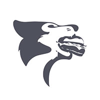 Logo featuring the profile of a wolf eating a hamburger.