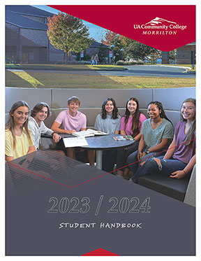 2023 2024 Student Handbook. Cover design featuring external photos of buildings an a large center image of students sitting around a table.