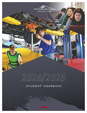 2024 2025 Student Handbook. Cover design featuring external photos of buildings an a large center image of students sitting around a table.