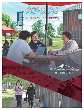 2025 2026 Student Handbook. Cover design featuring external photos of buildings an a large center image of students sitting around a table.