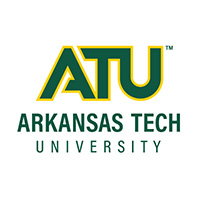 ATU: Arkansas Tech University logo featuring green and yellow 'atu'.