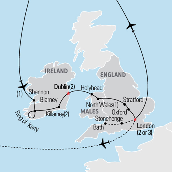 Map of Ireland and England showing plane arriving in Shannon, Ireland, then stops at Ring of Keny, Blarney, Killarney, and Dublin. Then, ferry over to Holyhead, North Wales, Stratford, Oxford and London with optional stop at Stonehenge and Bath before flying out of England.
